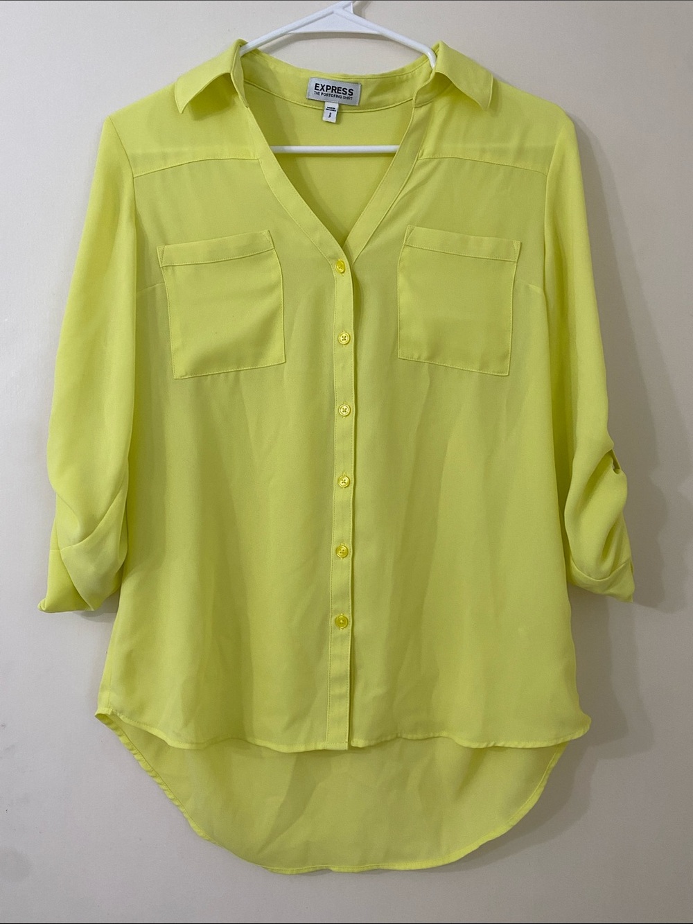 Express Neon Yellow Button-Up V-Neck Blouse